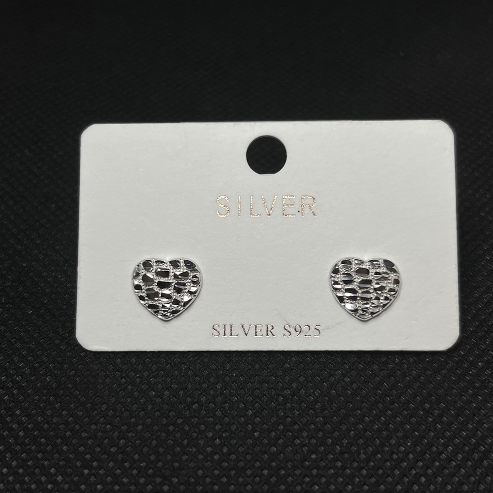 925‎ Sterling Silver Heart Stud Earrings Textured Diamond Cut Nugget Style 10mm